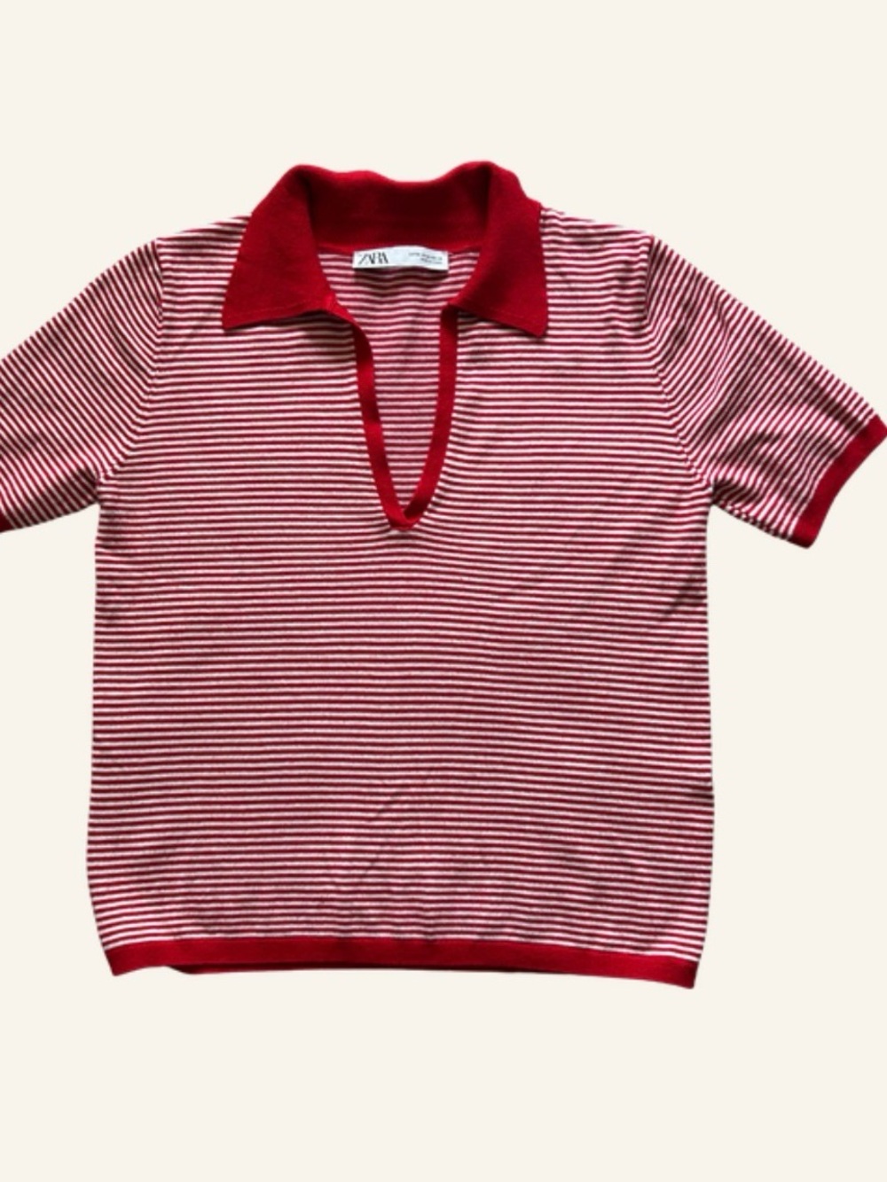 ZARA Red & White Striped Open-V Collared Knit Top Size Medium